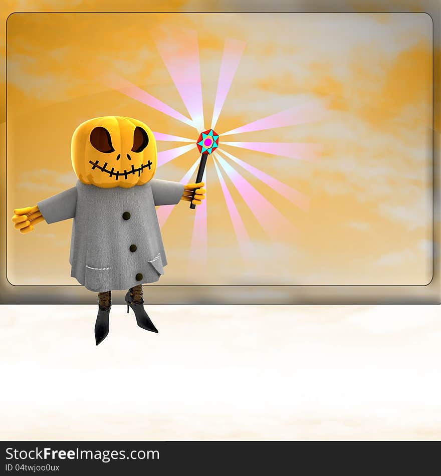 Pumpkin witch with charming wand ahead of orange board template render illustration. Pumpkin witch with charming wand ahead of orange board template render illustration