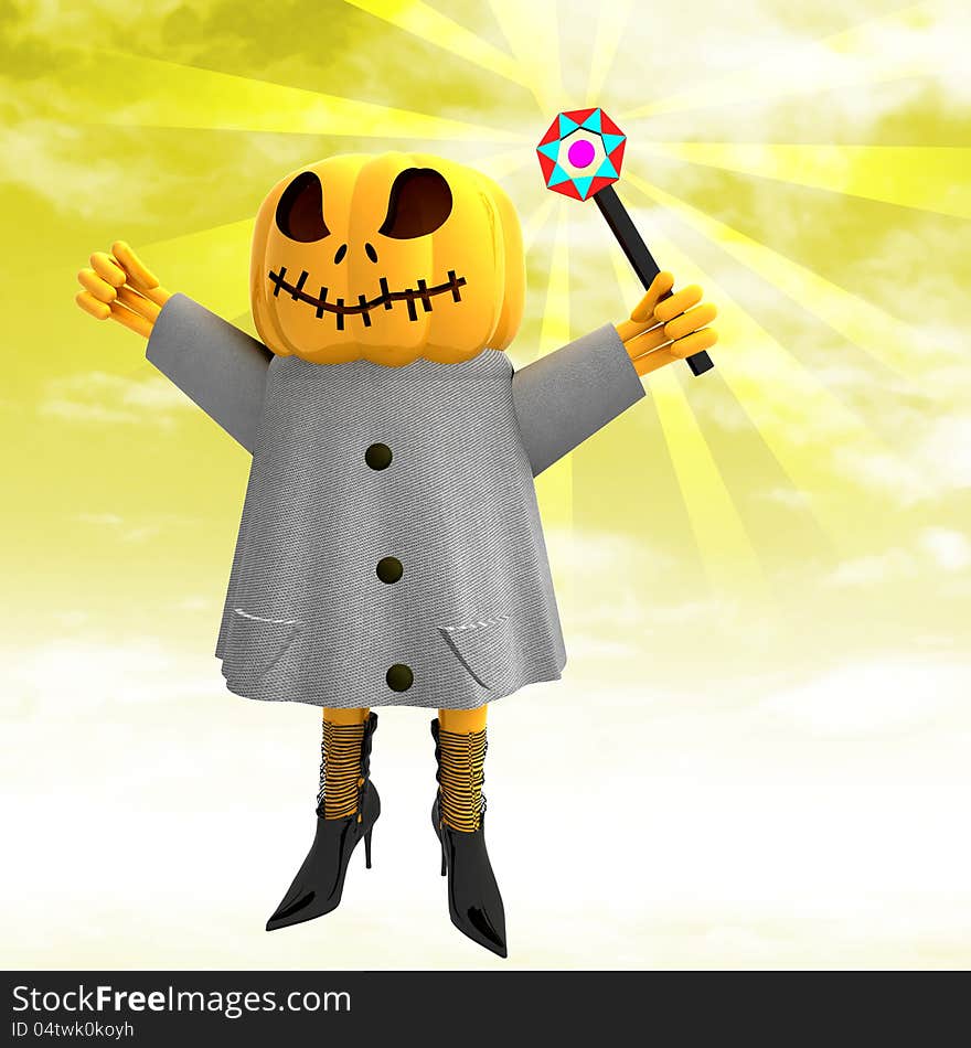 Pumpkin Witch With Wand With Yellow Sunset