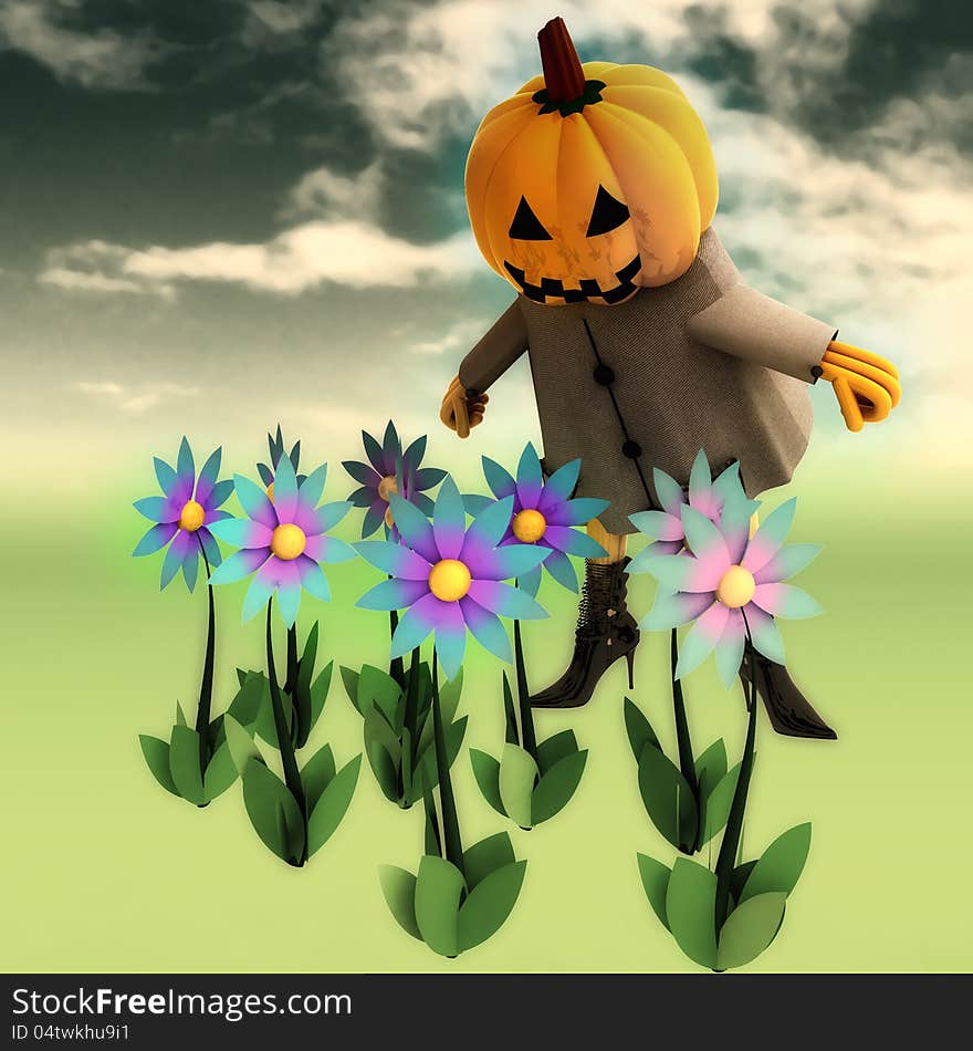 Halloween pumpkin witch in mystic flower garden