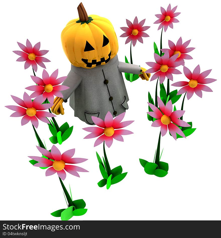 Isolated halloween pumpkin witch in magic flower garden render illustration. Isolated halloween pumpkin witch in magic flower garden render illustration