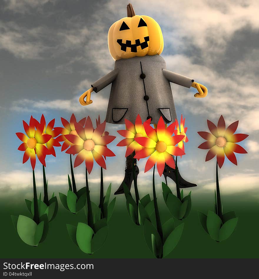 Halloween pumpkin witch in dark flower garden render illustration