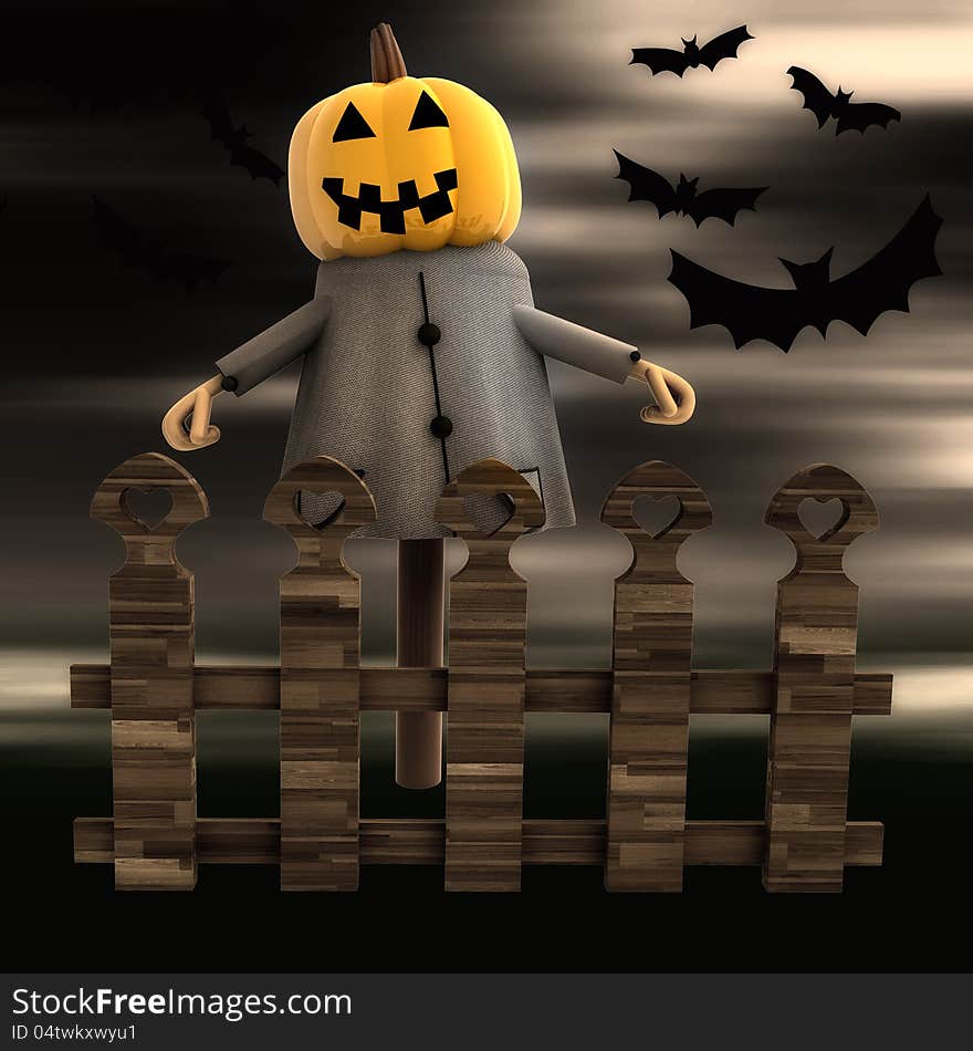 Pumpkin witch behind fence with bats