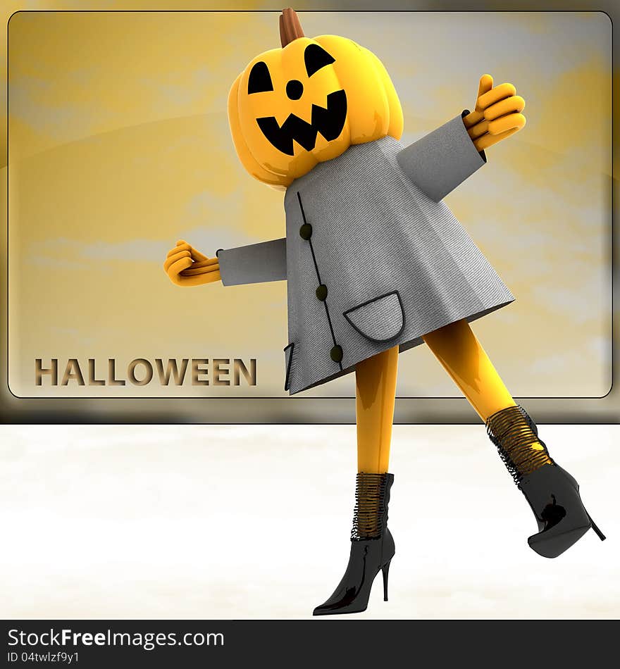 Pumpkin halloween girl standingon one leg teplate render illustration. Pumpkin halloween girl standingon one leg teplate render illustration