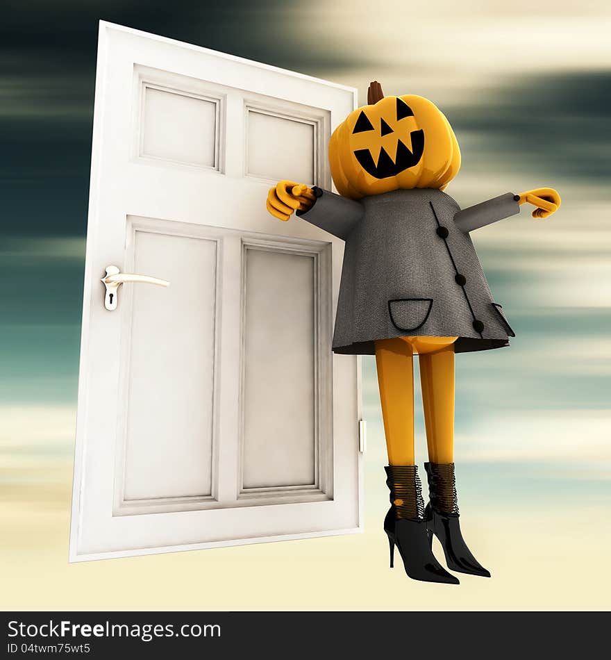 Pumpkin halloween witch standing in front of door blur background render illustration. Pumpkin halloween witch standing in front of door blur background render illustration