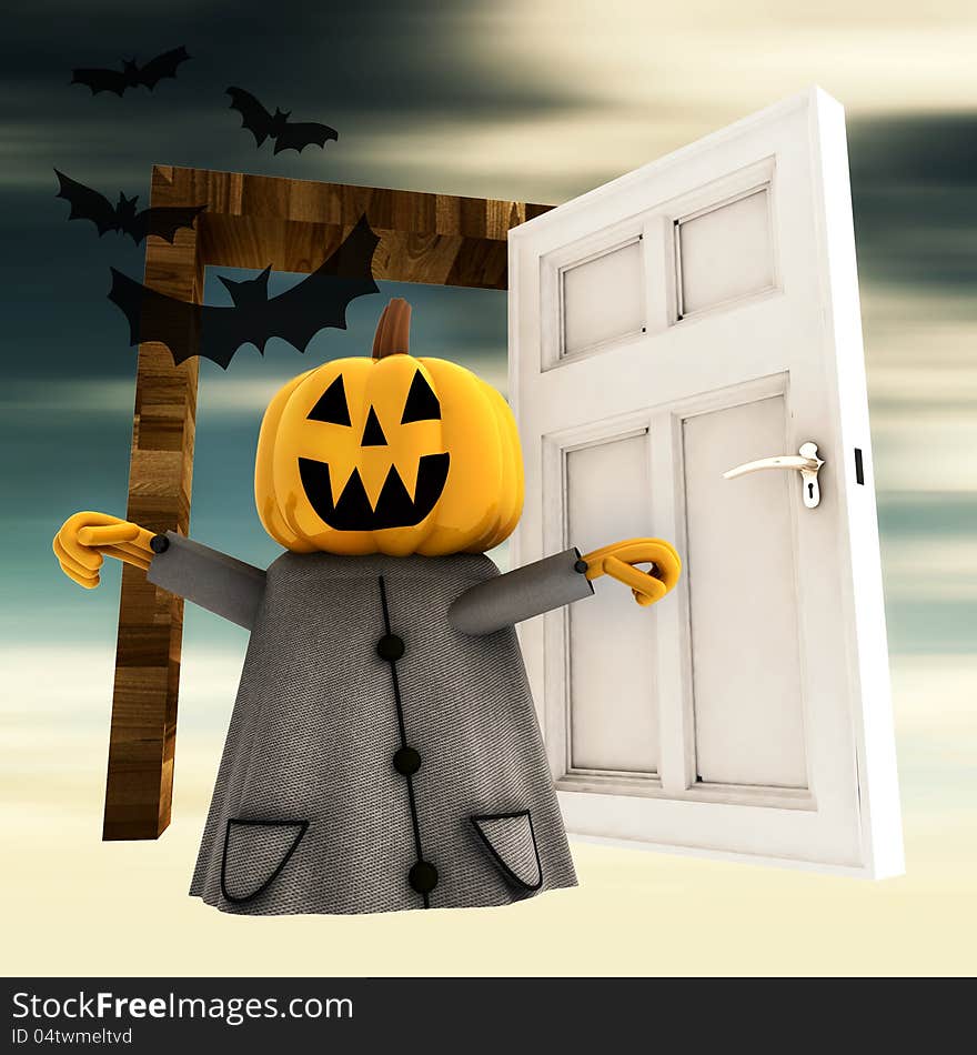 Pumpkin  witch with open heaven door with bats