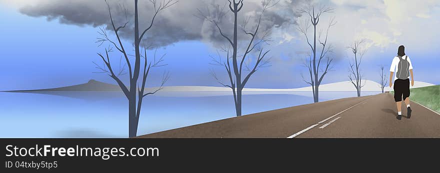 Illustration of a backpacker on a deserted road