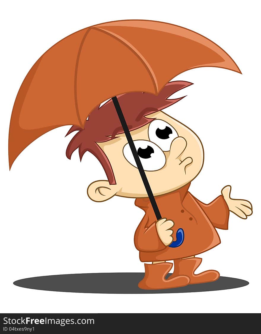 Illustration of a child wearing a raincoat and umbrella