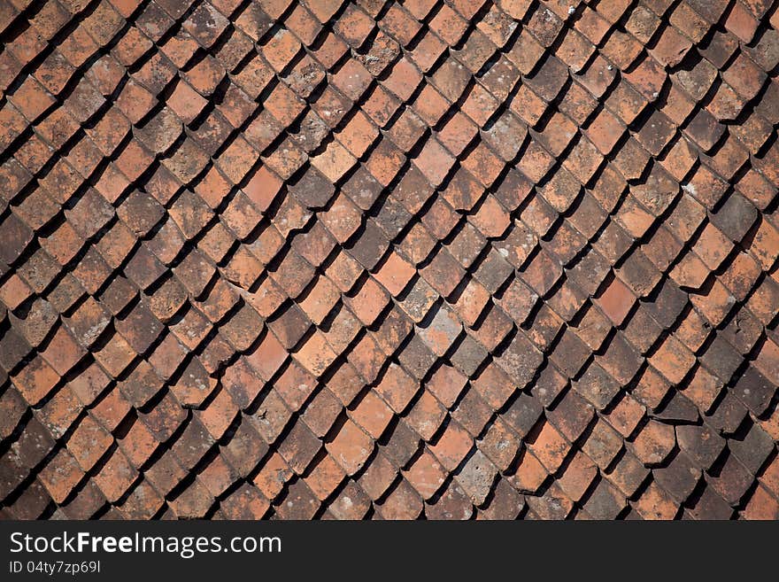 View of roof exterior of brown bricks. View of roof exterior of brown bricks