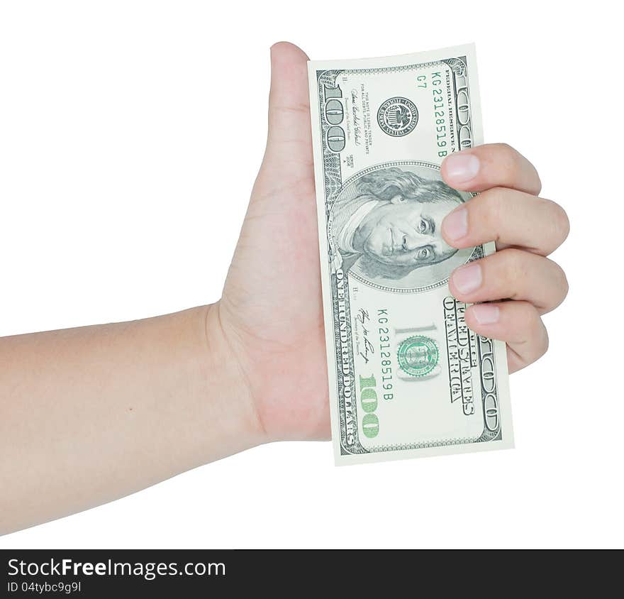 Hand holding money dollars isolated on white background