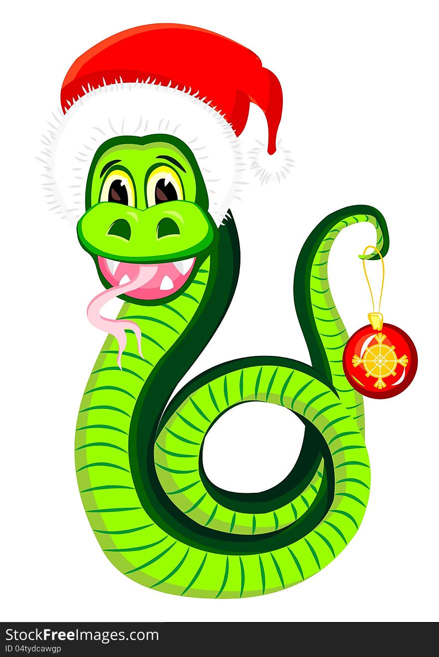 Snake in the hat of Santa Claus and with glass ball