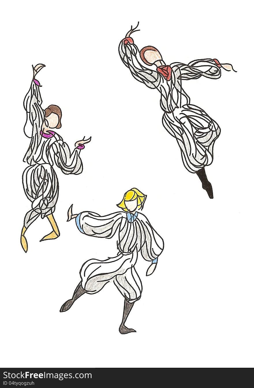 Three hand drawn dancers leaping ang posing. Three hand drawn dancers leaping ang posing