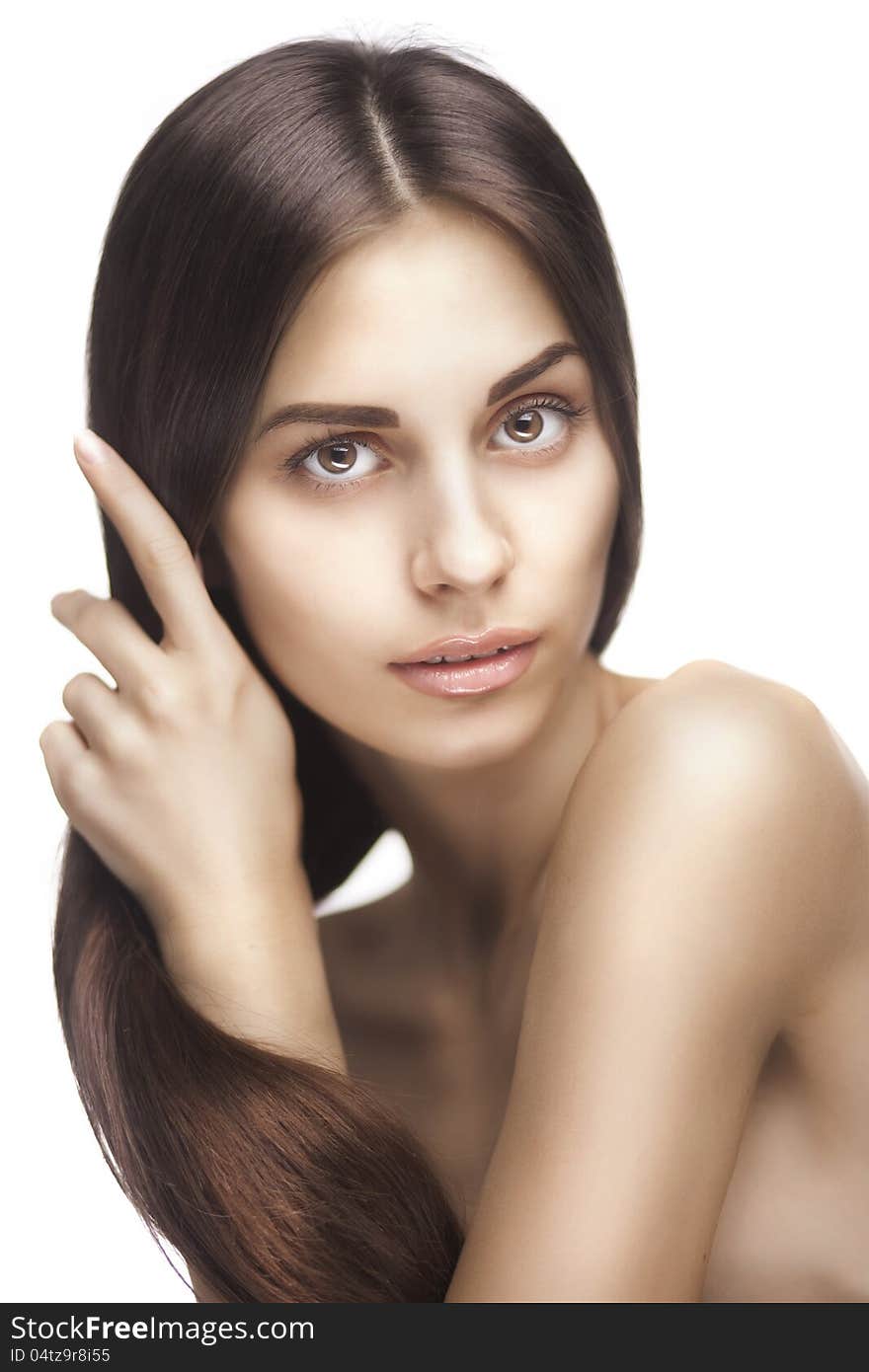 Beautiful woman with long hair on white background