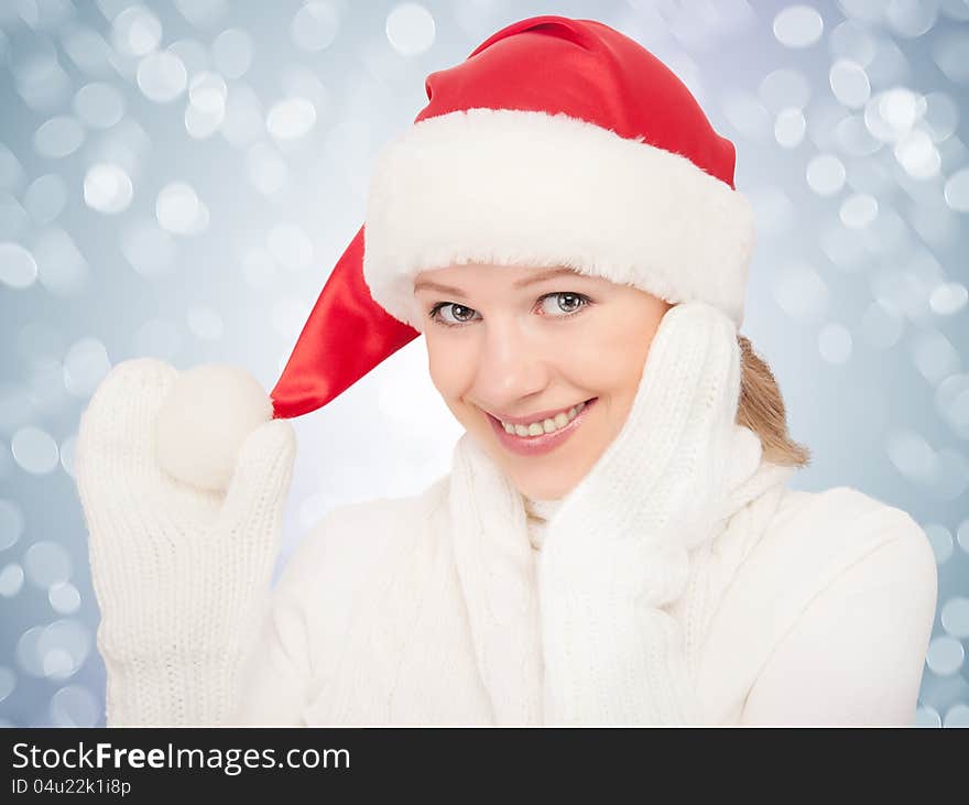 Beauty Happy Girl In Christmas Hat And Mittens