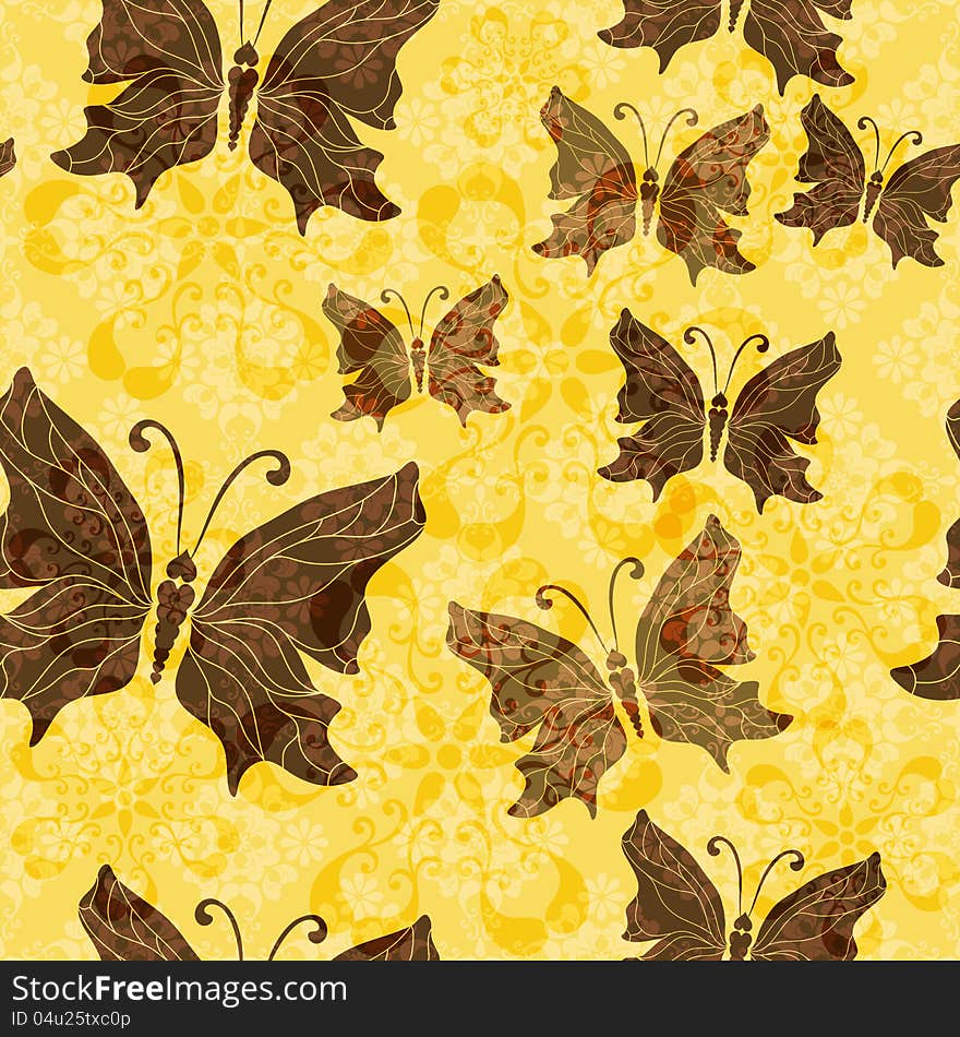 Yellow and brown seamless pattern with transparent butterflies (vector EPS 10). Yellow and brown seamless pattern with transparent butterflies (vector EPS 10)