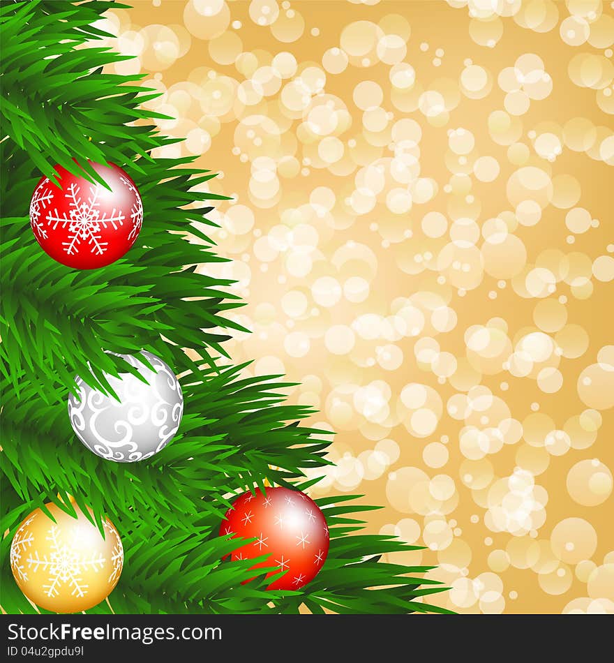 Christmas background with christmas tree and baubles on shiny gold backgrouund