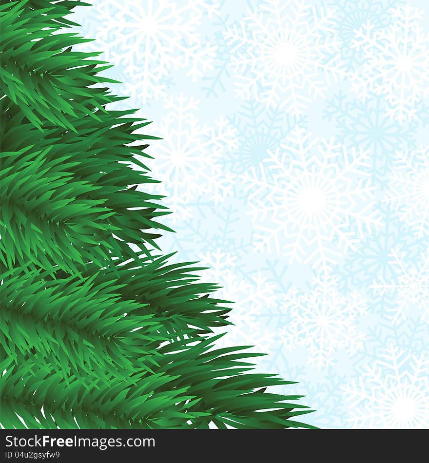 Christmas frame with fir-tree and snowflakes background