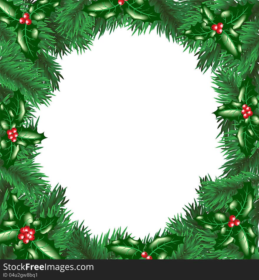 Christmas tree with holly berry leaves frame