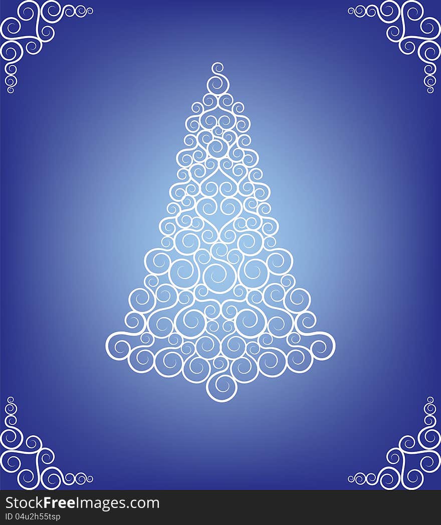 Christmas card with curly tree and frost pattern