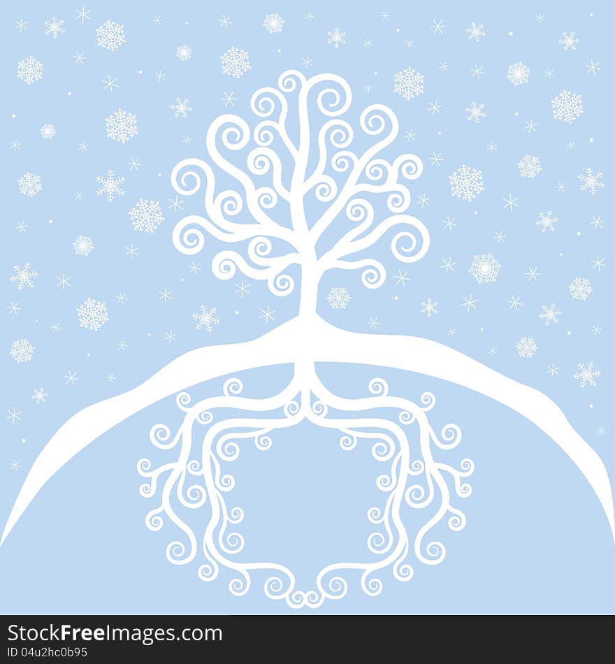 Winter tree and snowfall. Christmas card