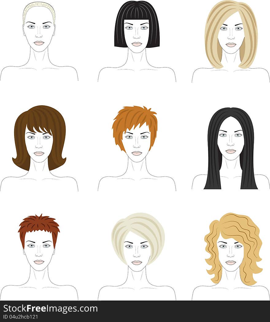 Set of woman faces with fashionable hairstyle