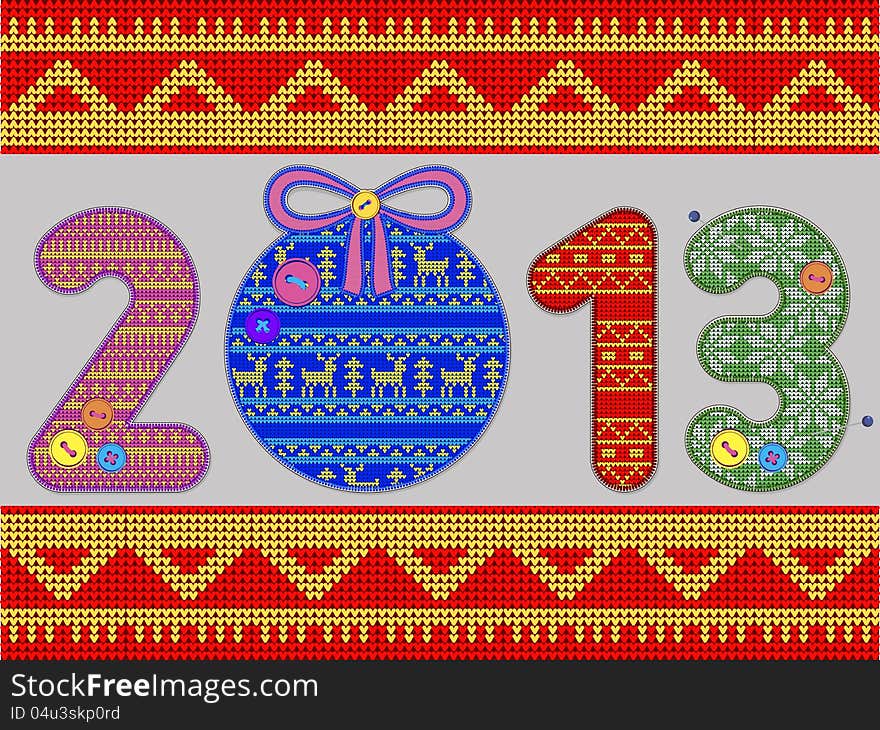 Illustration of figures of coming new year and Christmas in a knitted texture. Illustration of figures of coming new year and Christmas in a knitted texture