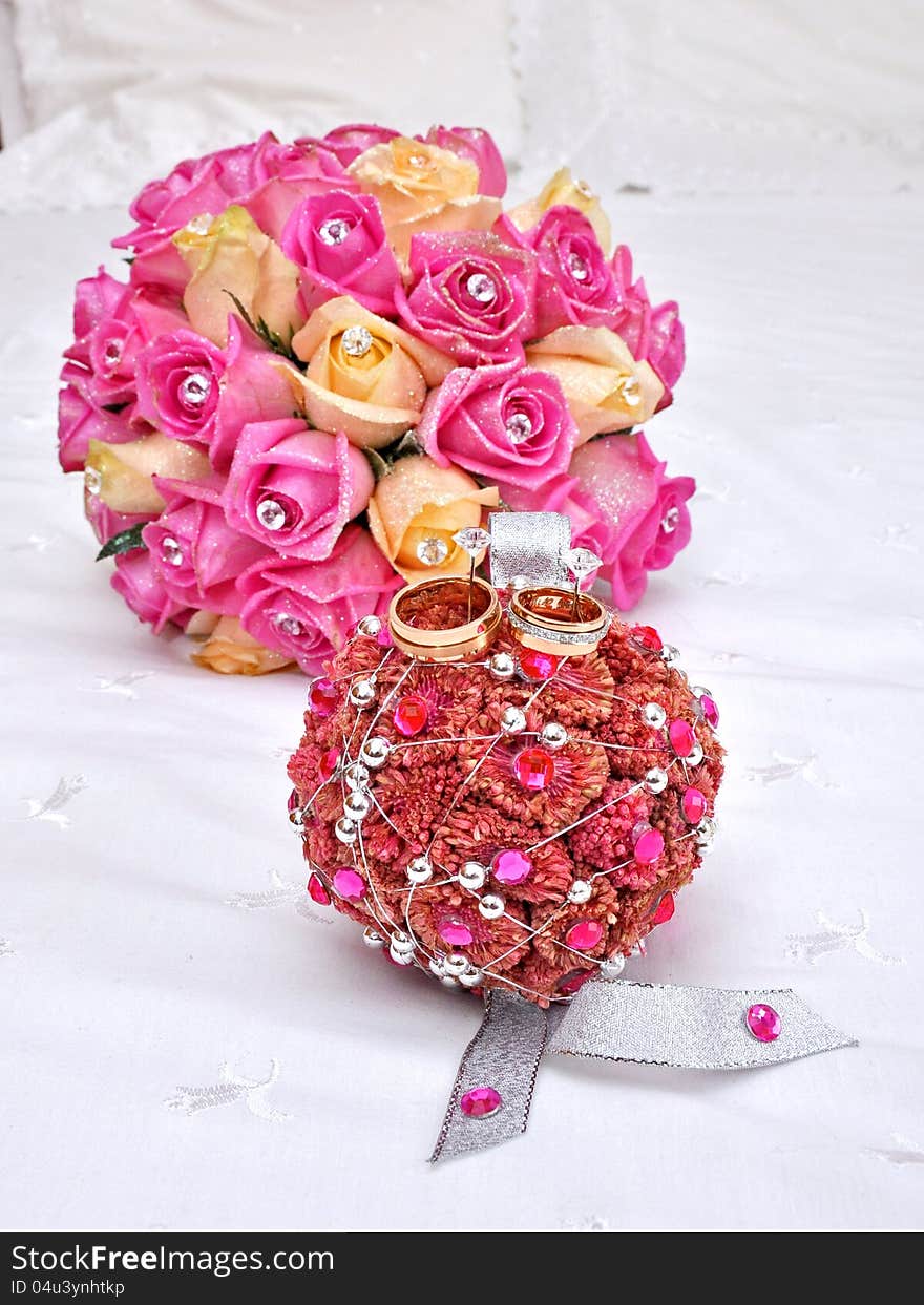 Bride bouquet with wedding rings. Bride bouquet with wedding rings.