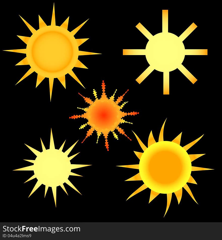 Five various sun on a black background. Five various sun on a black background