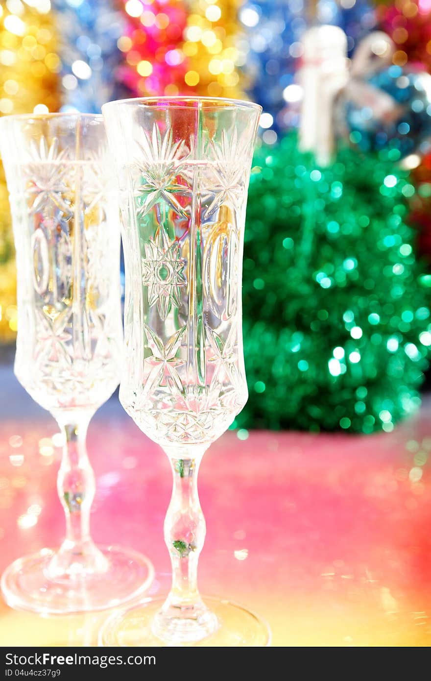 Champagne glasses on the table for Christmas winter