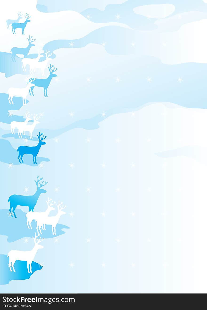 Vector Illustration of christmas landscape with snow-covered fields and many deers. Vector Illustration of christmas landscape with snow-covered fields and many deers