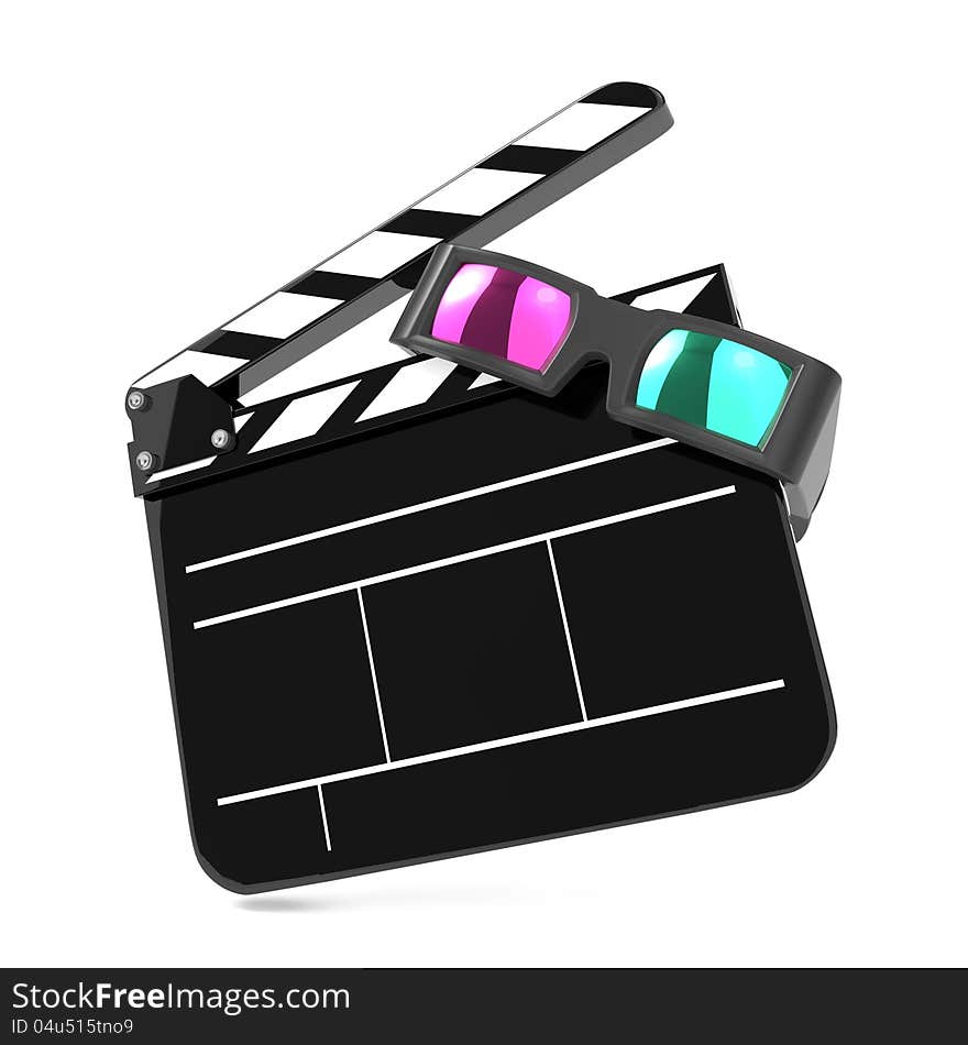 Clapboard with Anaglyph Glasses and Film Reel. Setting Next to Each Other. On white Background.