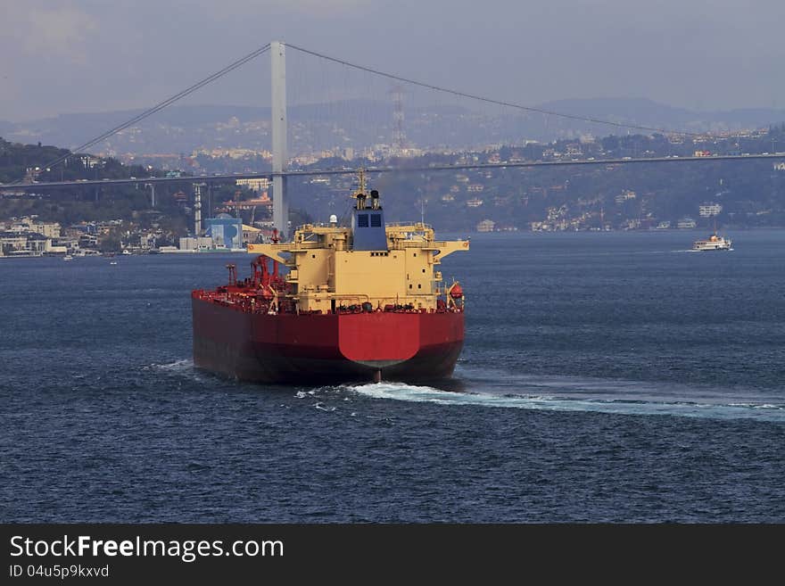 At a passing tanker ship from the Bosphorus