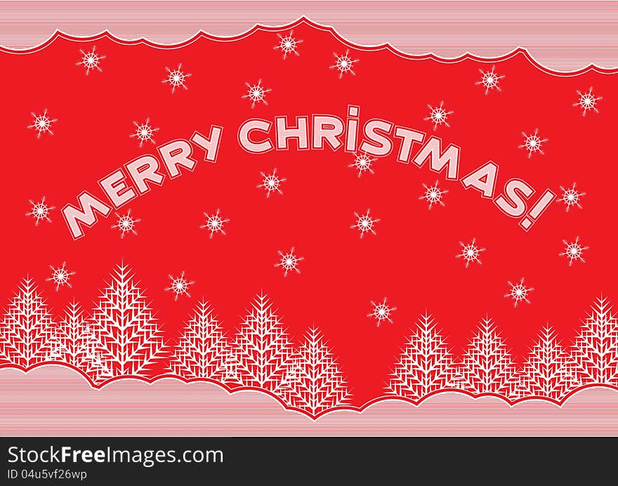 Red christmas card with white snowflakes, fur-trees and heading - merry christmas