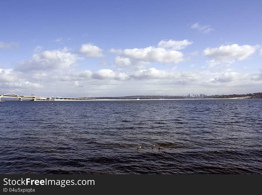 The largest lake of Seattle with I-90 floating bridge crossing the middle. The largest lake of Seattle with I-90 floating bridge crossing the middle.