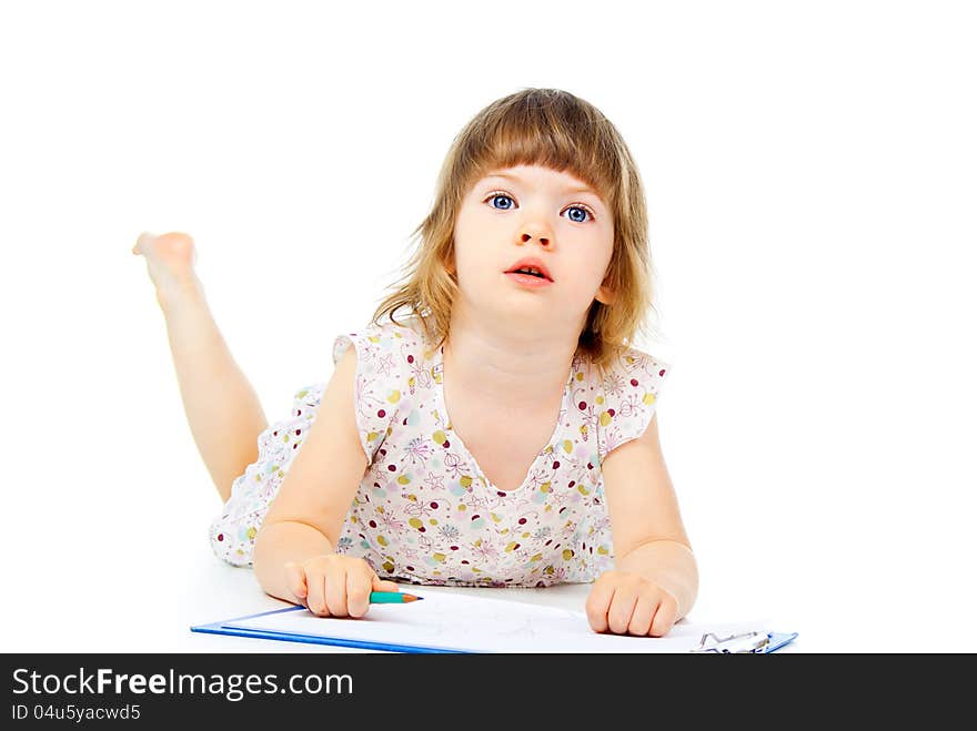 Beautiful little girl draws pencil. Beautiful little girl draws pencil