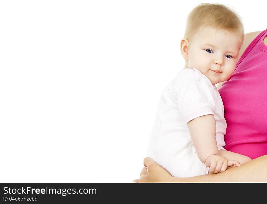 Baby sitting on his mother hands. Baby sitting on his mother hands