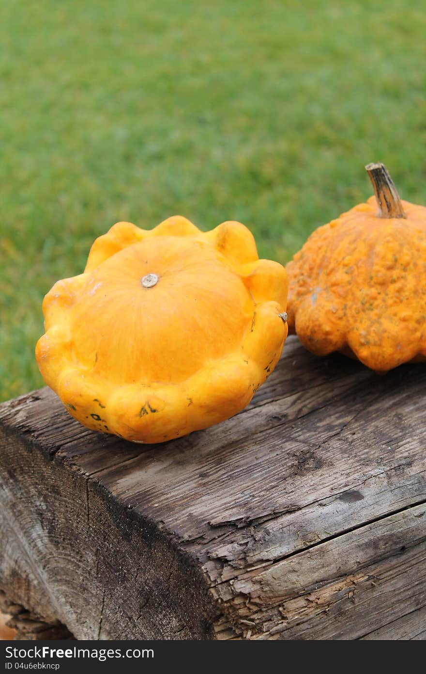 two Orange pumpkins sitting on a wooden table. two Orange pumpkins sitting on a wooden table.