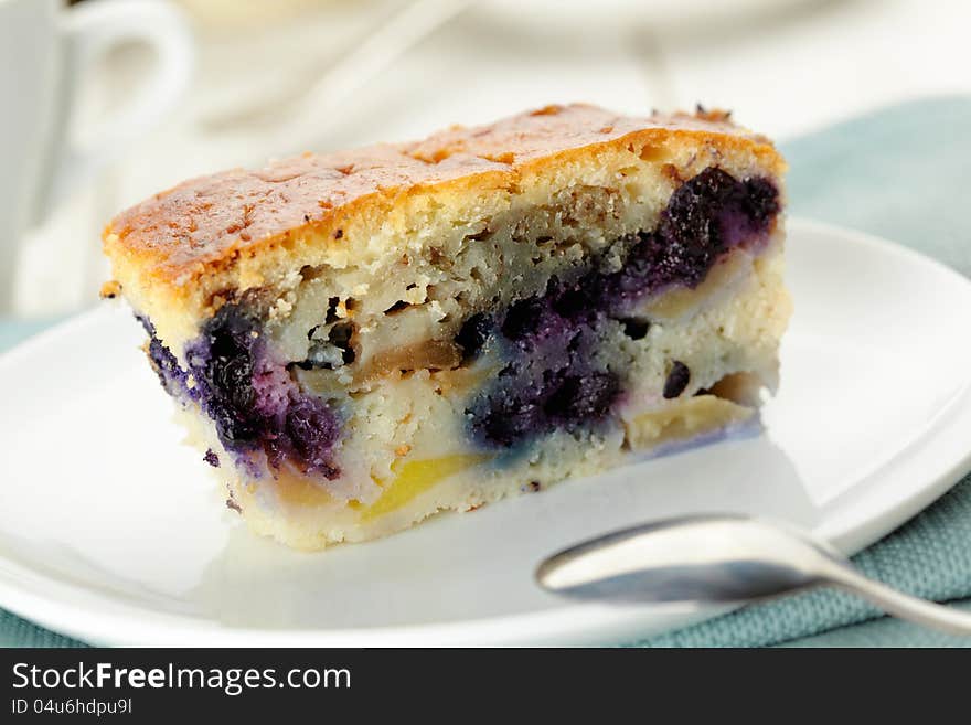 Blueberry pie with blueberries in a white plate. Blueberry pie with blueberries in a white plate.