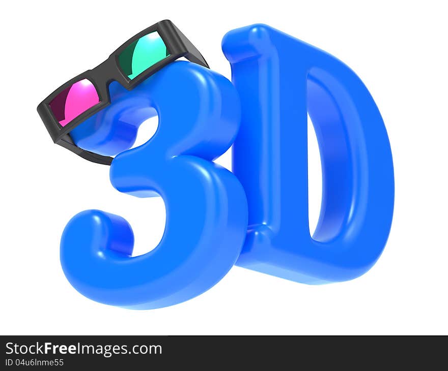 Anaglyph Stereo Glasses on the Blue Letters 3D. Isolated on White Background. Anaglyph Stereo Glasses on the Blue Letters 3D. Isolated on White Background.