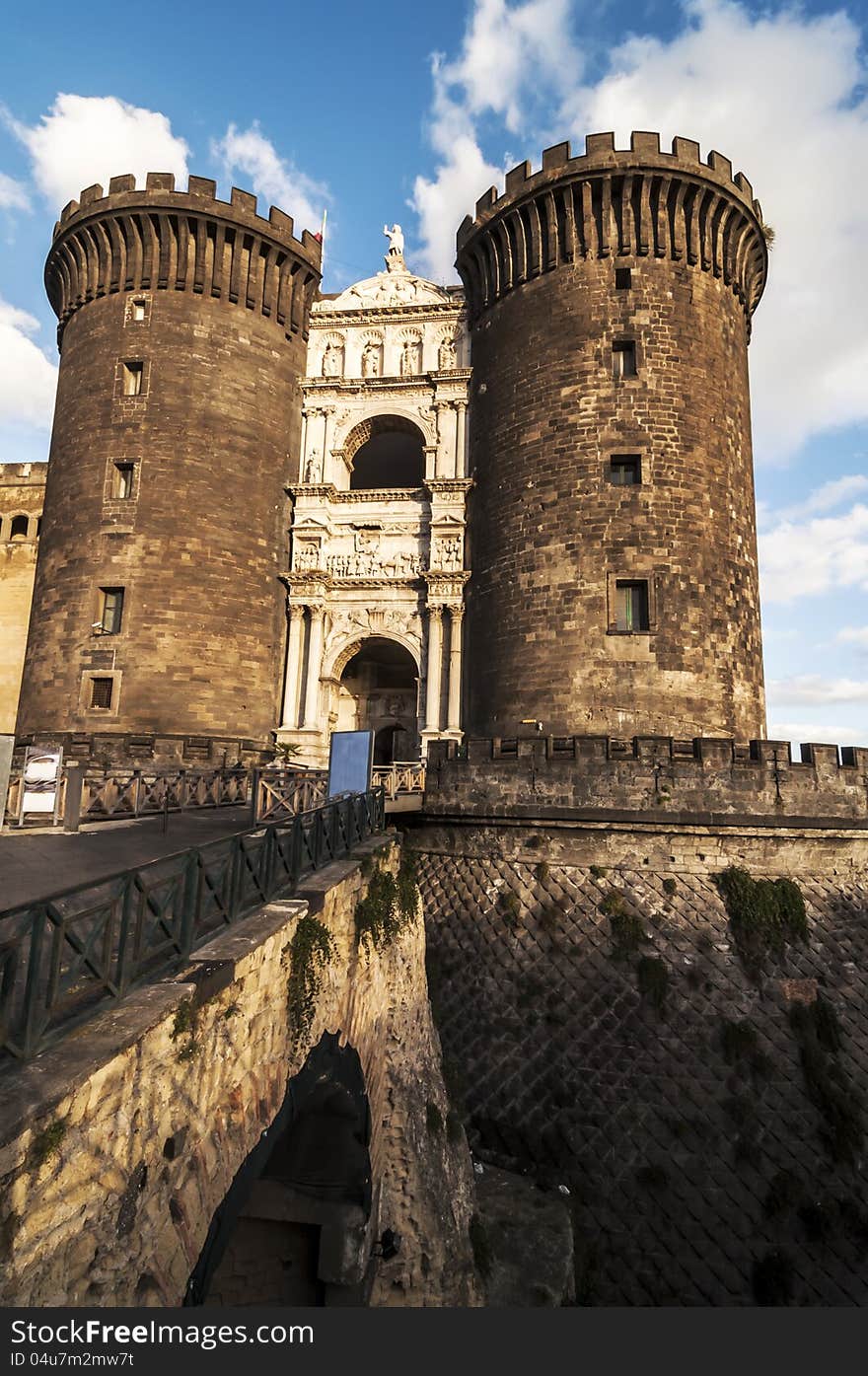 Facade and towers of Maschio Angioino, Naples, Italy