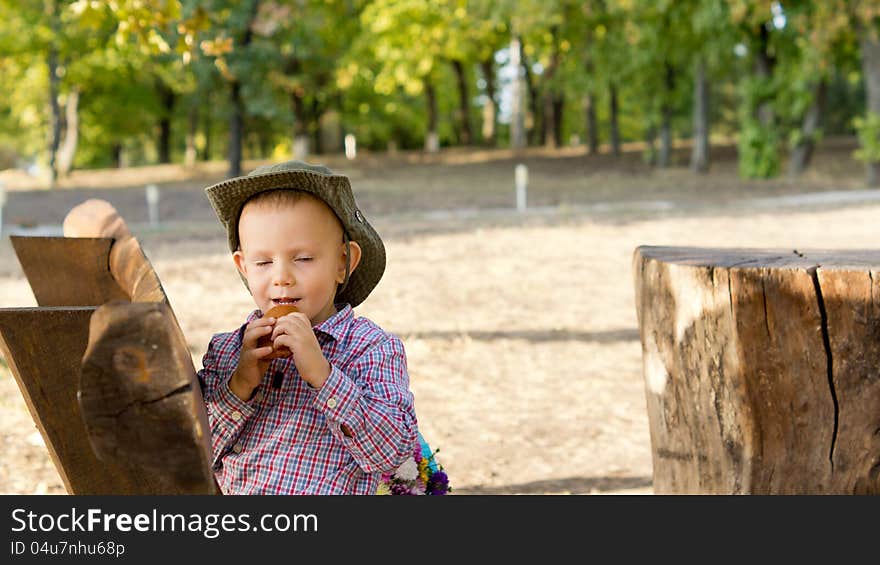 Little Boy Enjoying A Snack Outdoors