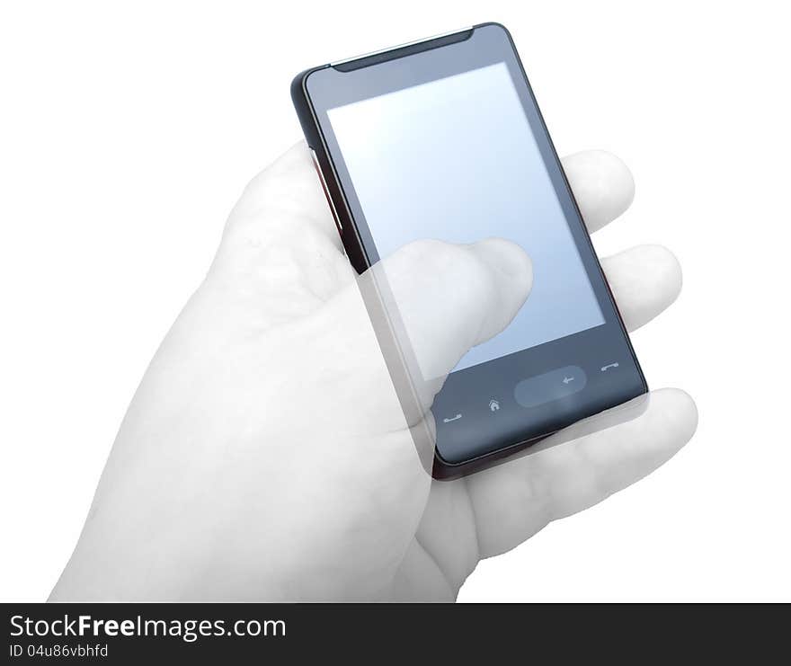 Hand holding smart phone on white