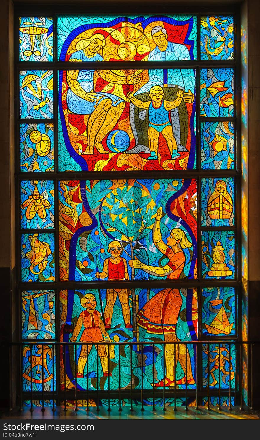 Old stained-glass window with people. Made in USSR. Old stained-glass window with people. Made in USSR