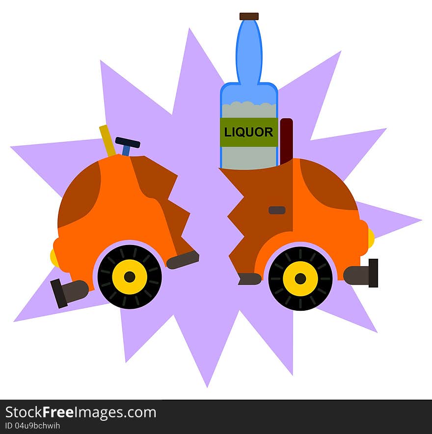 Illustration of a broken car with a liquor bottle riding in it. Illustration of a broken car with a liquor bottle riding in it