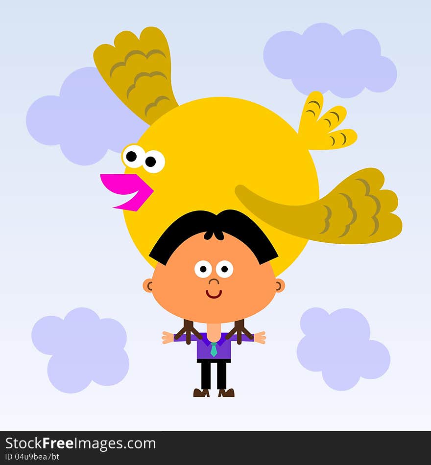 A cute illustration of a business man carried by a giant bird. A cute illustration of a business man carried by a giant bird