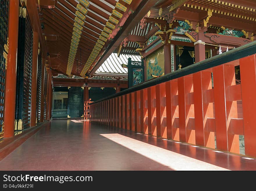 Detailed interior with sunbeams of famous Tsurugaoka Hachimangu Shrine in Kamakura. Detailed interior with sunbeams of famous Tsurugaoka Hachimangu Shrine in Kamakura