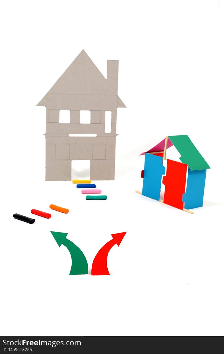 Arrows pointing at different houses with pathway leading to one house. Arrows pointing at different houses with pathway leading to one house.