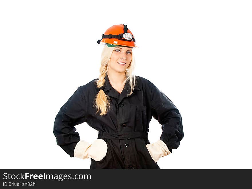 Happy girl in a construction helmet. Happy girl in a construction helmet