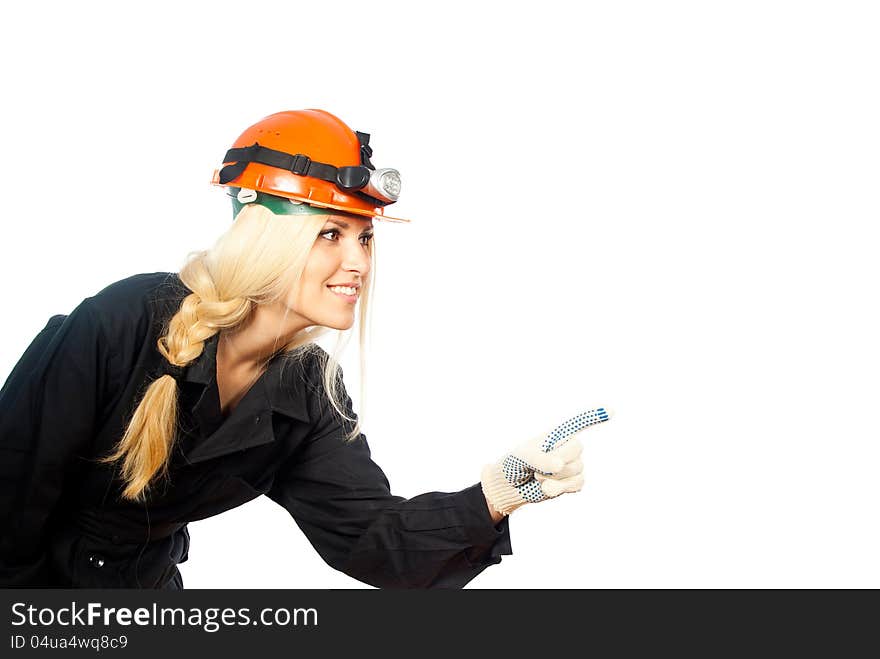 Builder in the helmet indicates a hand isolated on white background