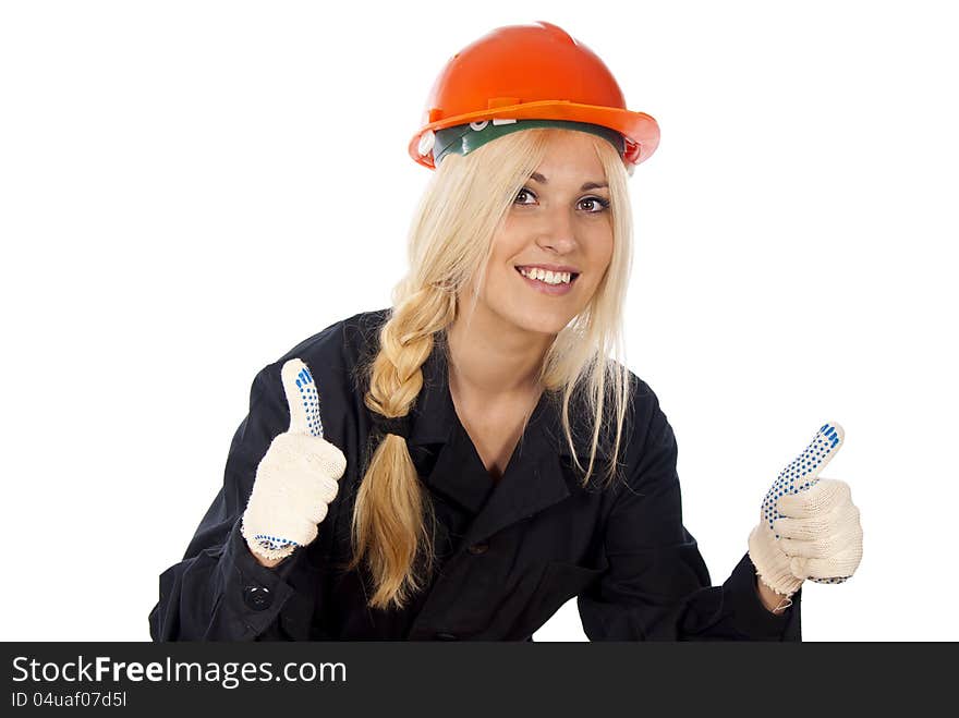 Girl builder in helmet