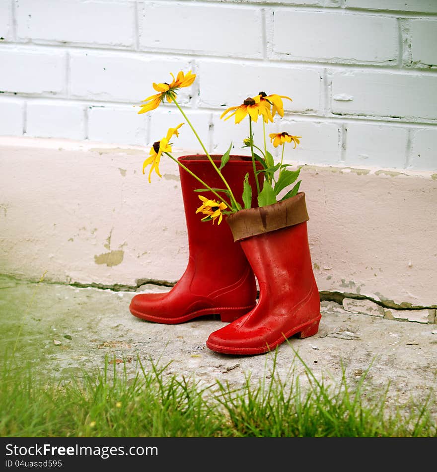 Red rain boots and flowers by the ouse wall. Red rain boots and flowers by the ouse wall